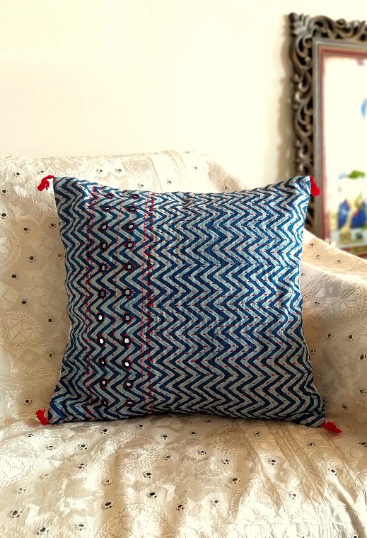 Indigo Blue ZigZag Handwoven Abla Cushion Cover